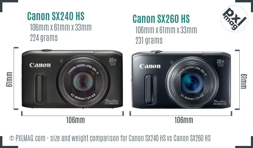 Canon SX240 HS vs Canon SX260 HS size comparison
