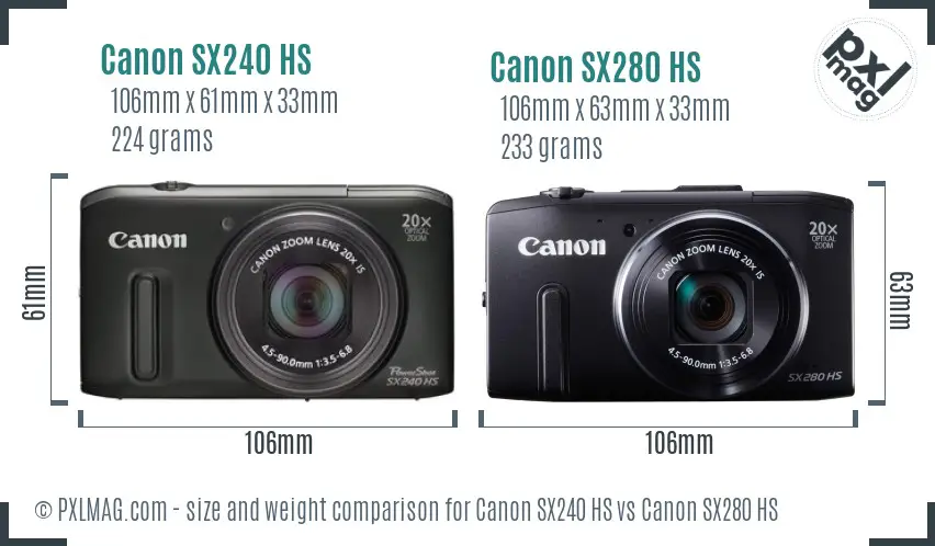 Canon SX240 HS vs Canon SX280 HS size comparison