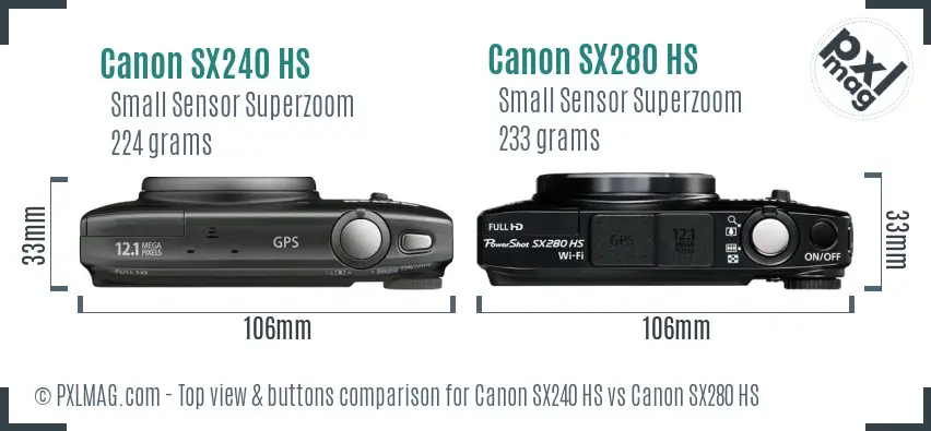 Canon SX240 HS vs Canon SX280 HS top view buttons comparison