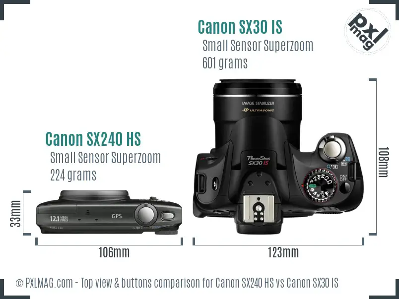 Canon SX240 HS vs Canon SX30 IS top view buttons comparison