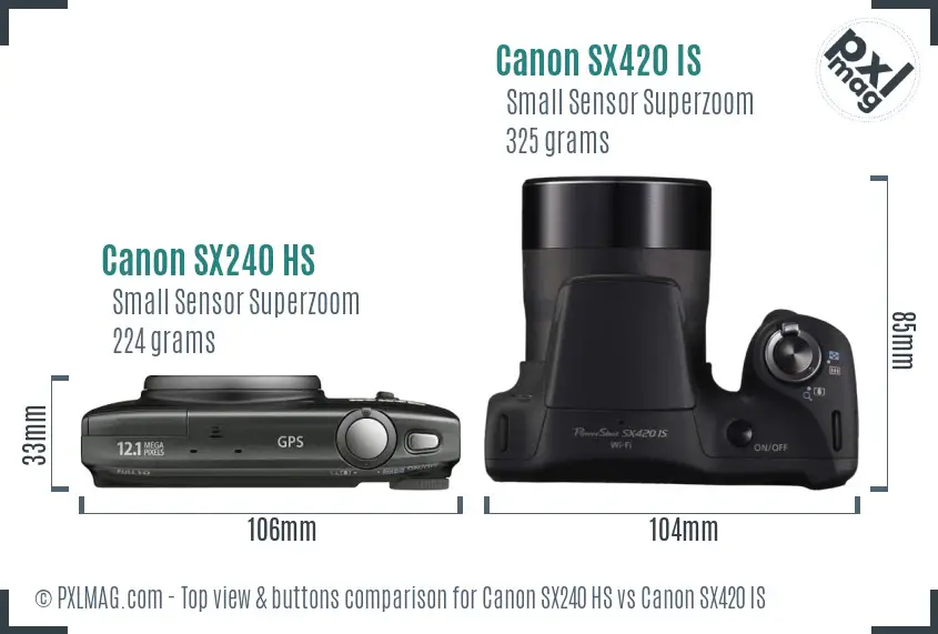 Canon SX240 HS vs Canon SX420 IS top view buttons comparison