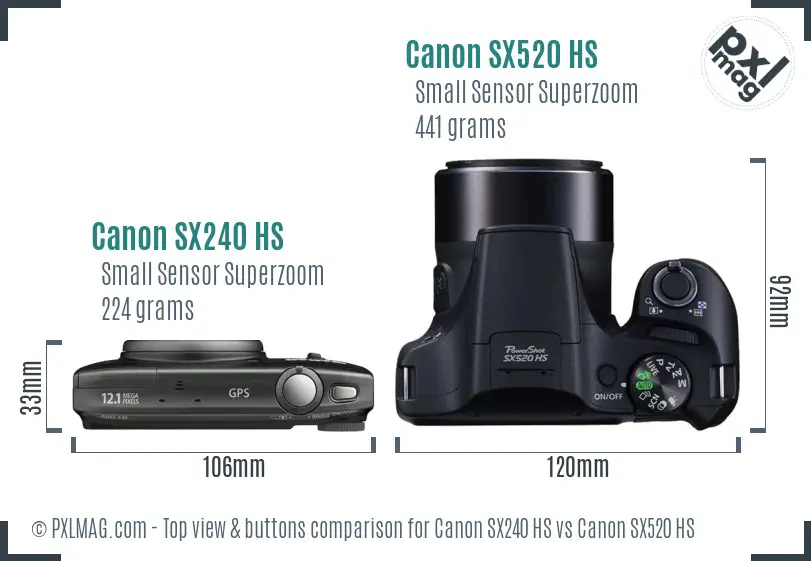 Canon SX240 HS vs Canon SX520 HS top view buttons comparison