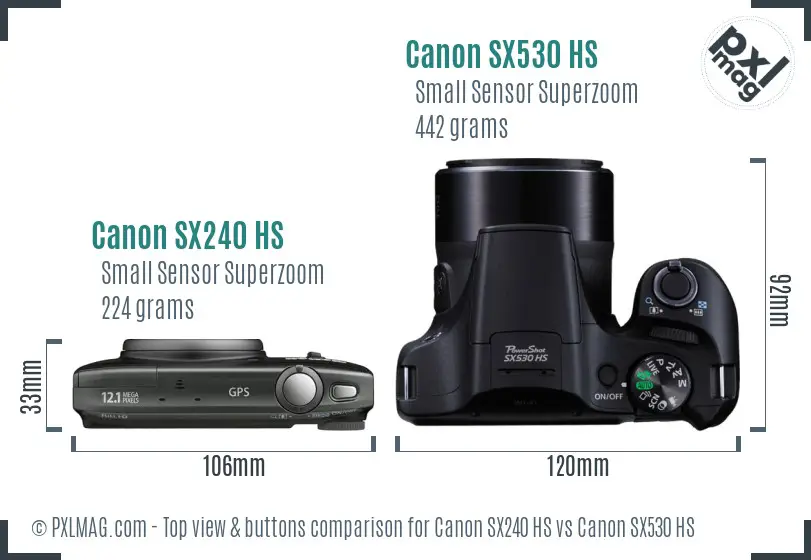 Canon SX240 HS vs Canon SX530 HS top view buttons comparison
