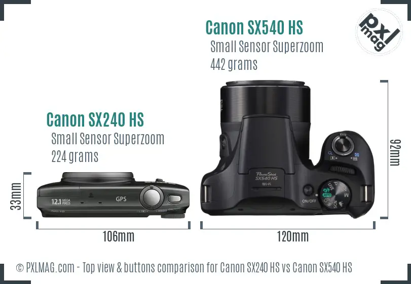 Canon SX240 HS vs Canon SX540 HS top view buttons comparison