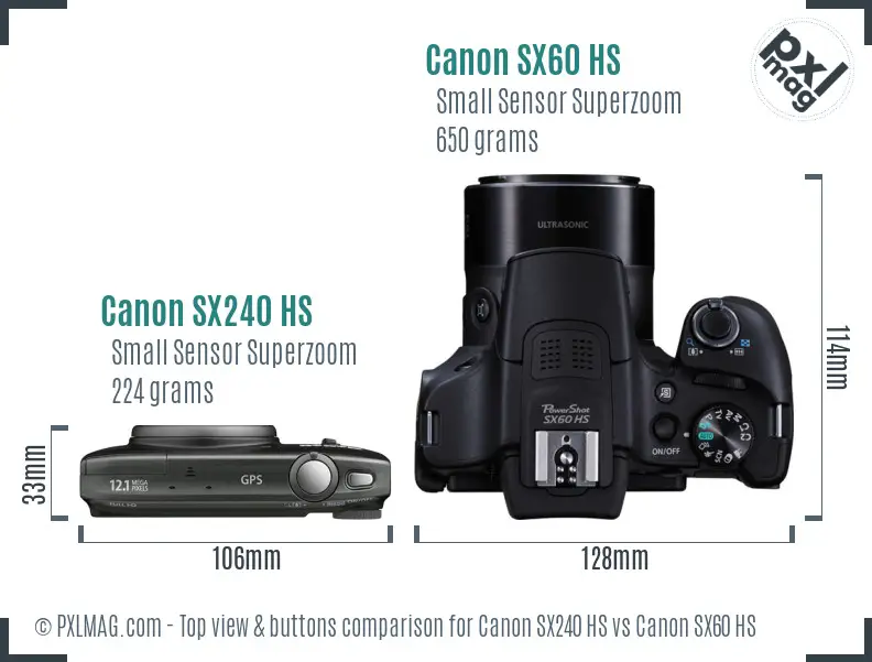 Canon SX240 HS vs Canon SX60 HS top view buttons comparison
