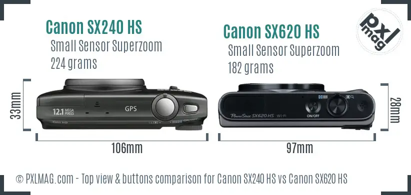 Canon SX240 HS vs Canon SX620 HS top view buttons comparison
