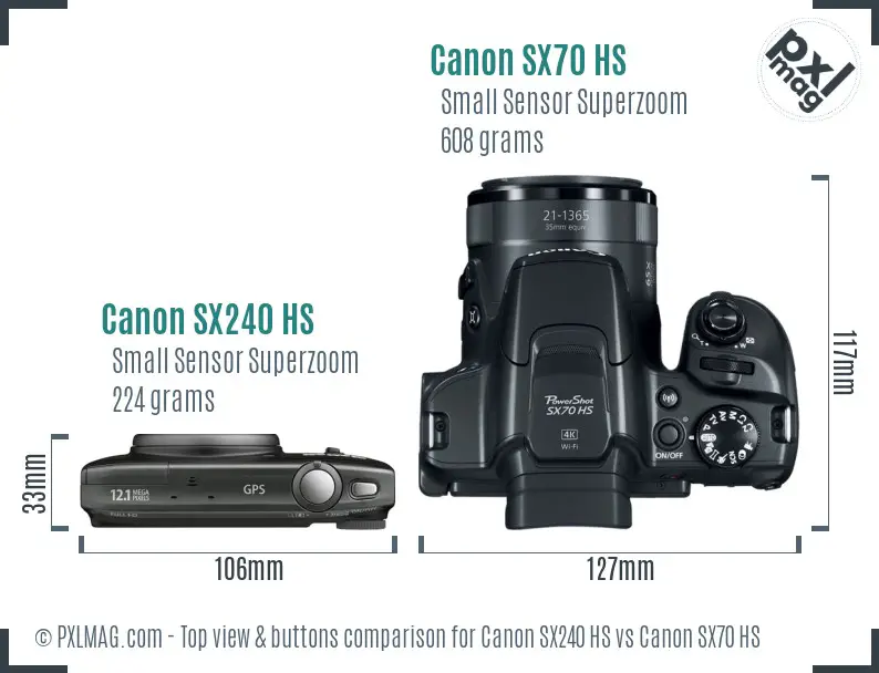 Canon SX240 HS vs Canon SX70 HS top view buttons comparison