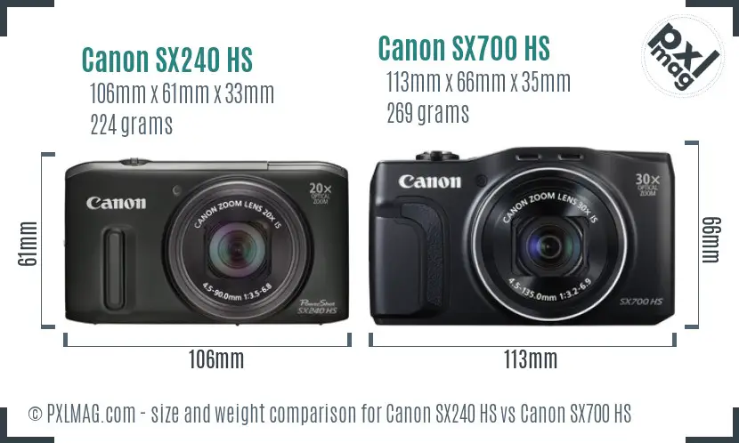 Canon SX240 HS vs Canon SX700 HS size comparison
