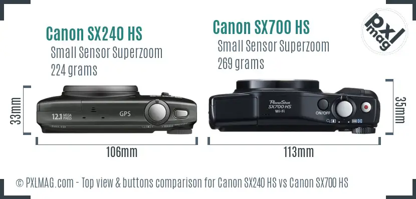Canon SX240 HS vs Canon SX700 HS top view buttons comparison
