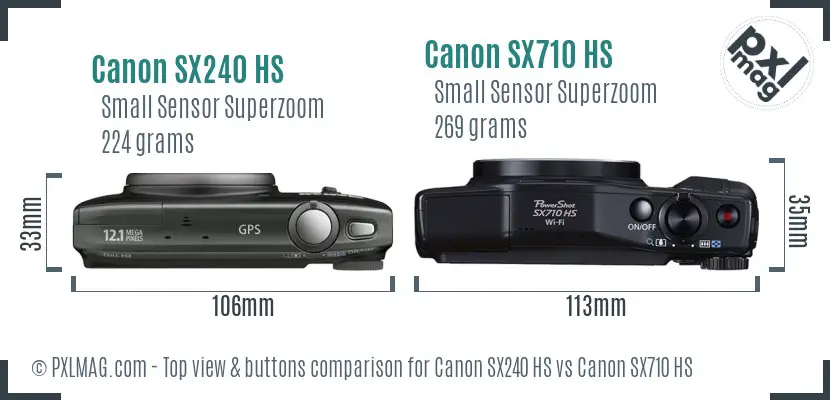 Canon SX240 HS vs Canon SX710 HS top view buttons comparison