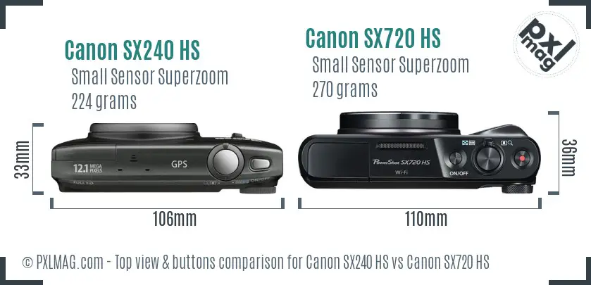 Canon SX240 HS vs Canon SX720 HS top view buttons comparison