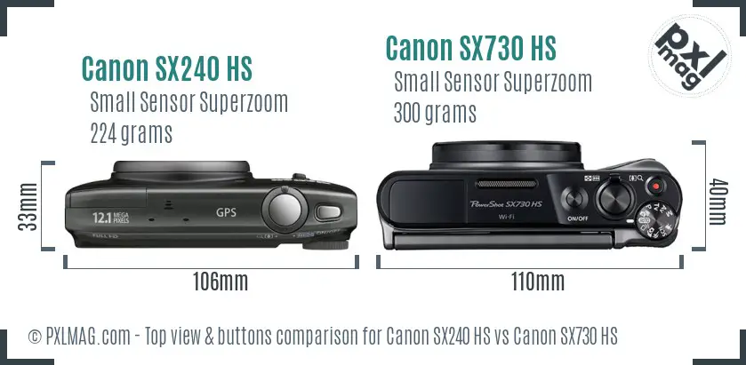 Canon SX240 HS vs Canon SX730 HS top view buttons comparison
