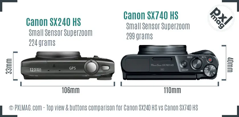 Canon SX240 HS vs Canon SX740 HS top view buttons comparison
