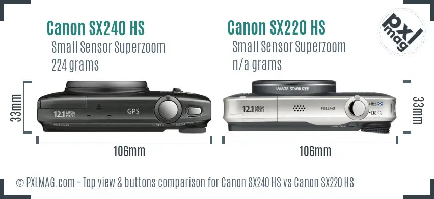 Canon SX240 HS vs Canon SX220 HS top view buttons comparison