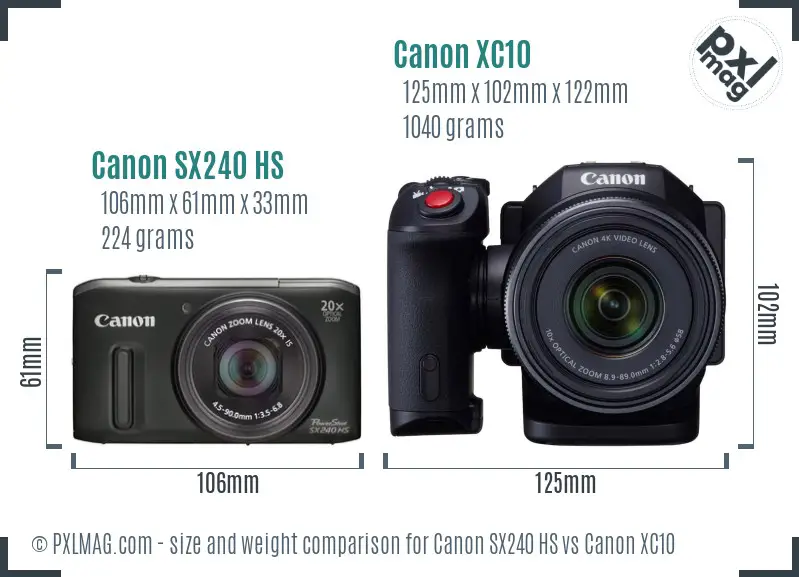 Canon SX240 HS vs Canon XC10 size comparison