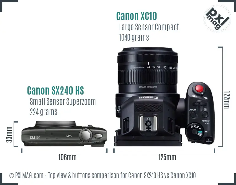 Canon SX240 HS vs Canon XC10 top view buttons comparison