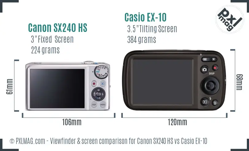 Canon SX240 HS vs Casio EX-10 Screen and Viewfinder comparison
