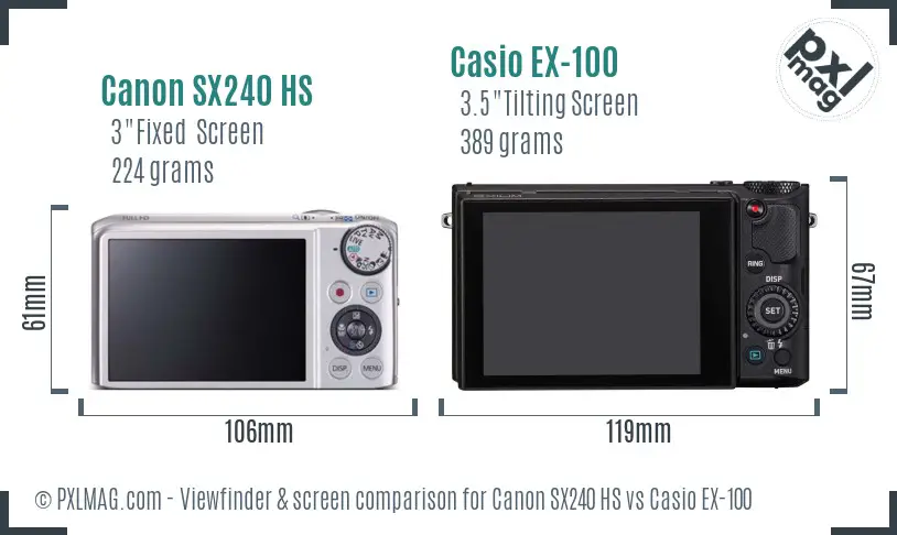 Canon SX240 HS vs Casio EX-100 Screen and Viewfinder comparison