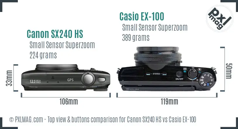Canon SX240 HS vs Casio EX-100 top view buttons comparison