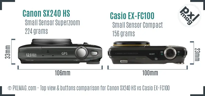 Canon SX240 HS vs Casio EX-FC100 top view buttons comparison