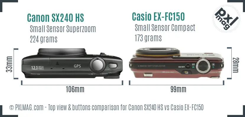 Canon SX240 HS vs Casio EX-FC150 top view buttons comparison