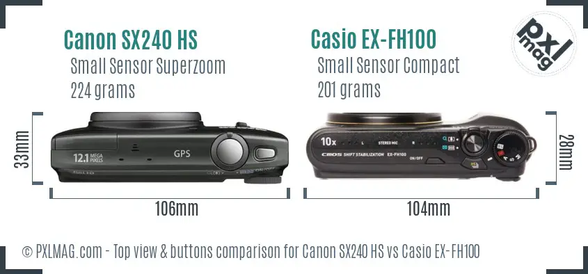 Canon SX240 HS vs Casio EX-FH100 top view buttons comparison