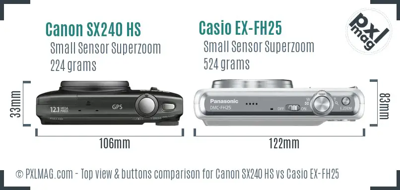 Canon SX240 HS vs Casio EX-FH25 top view buttons comparison