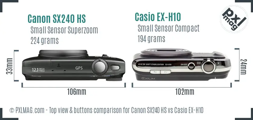 Canon SX240 HS vs Casio EX-H10 top view buttons comparison