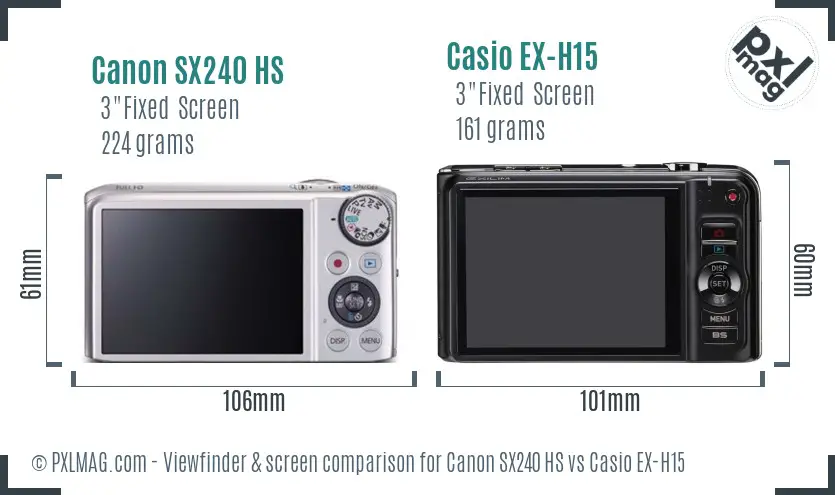 Canon SX240 HS vs Casio EX-H15 Screen and Viewfinder comparison