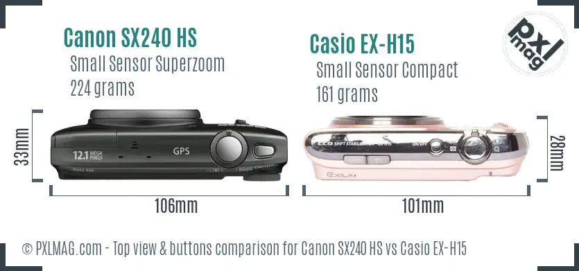 Canon SX240 HS vs Casio EX-H15 top view buttons comparison