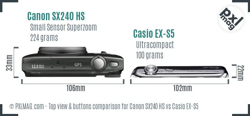 Canon SX240 HS vs Casio EX-S5 top view buttons comparison