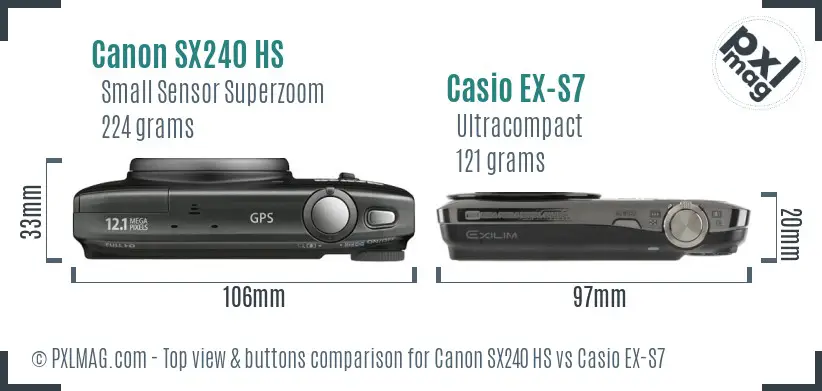 Canon SX240 HS vs Casio EX-S7 top view buttons comparison