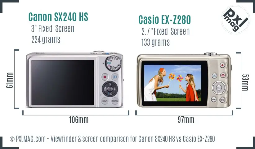 Canon SX240 HS vs Casio EX-Z280 Screen and Viewfinder comparison