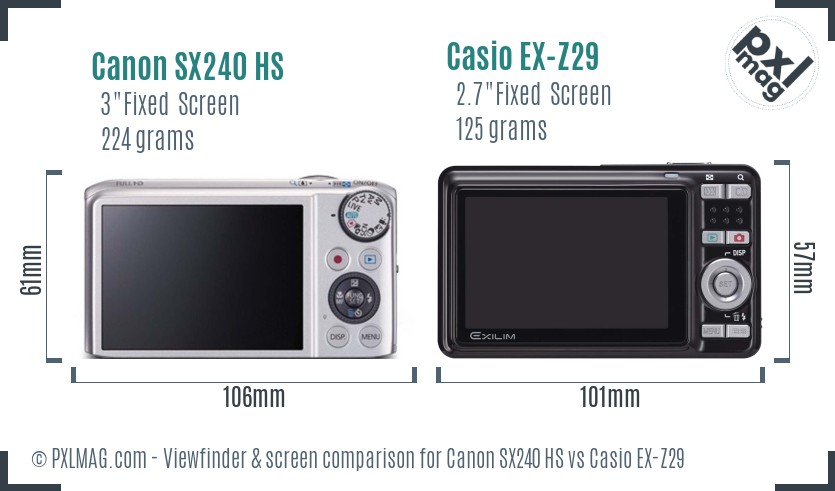 Canon SX240 HS vs Casio EX-Z29 Screen and Viewfinder comparison