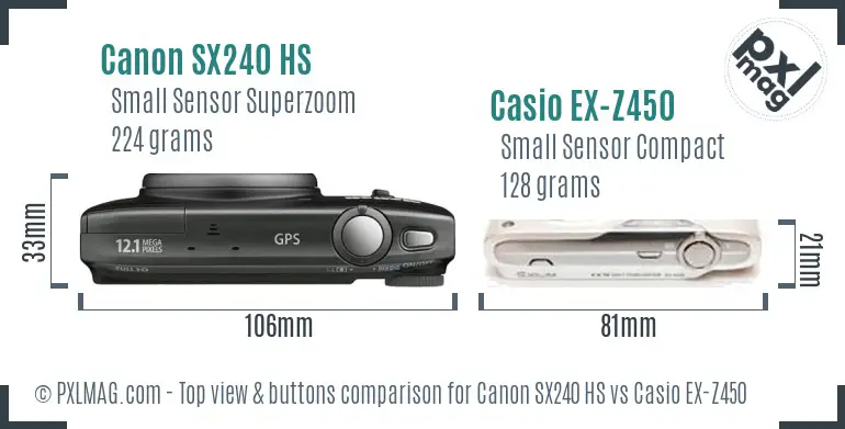 Canon SX240 HS vs Casio EX-Z450 top view buttons comparison