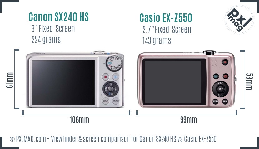 Canon SX240 HS vs Casio EX-Z550 Screen and Viewfinder comparison