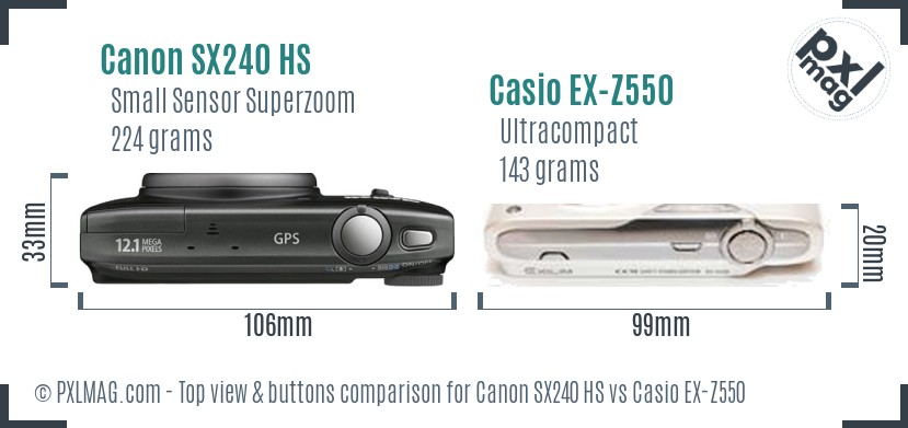 Canon SX240 HS vs Casio EX-Z550 top view buttons comparison