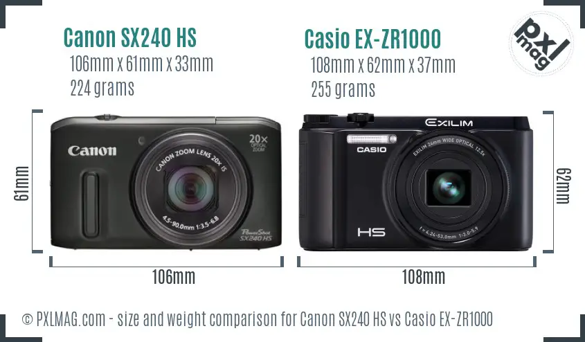 Canon SX240 HS vs Casio EX-ZR1000 size comparison