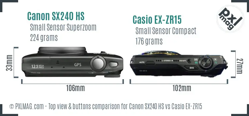 Canon SX240 HS vs Casio EX-ZR15 top view buttons comparison