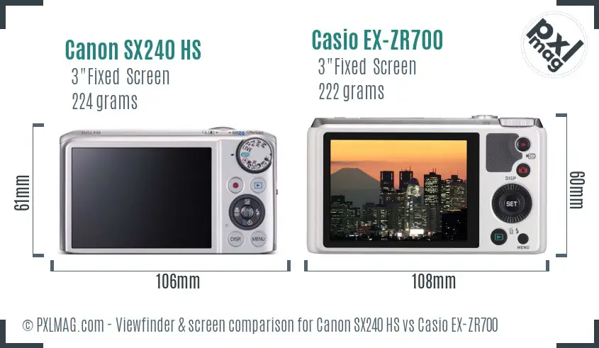 Canon SX240 HS vs Casio EX-ZR700 Screen and Viewfinder comparison