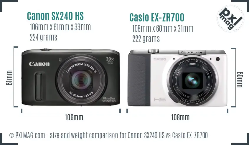 Canon SX240 HS vs Casio EX-ZR700 size comparison