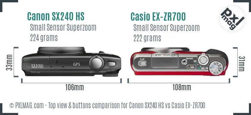Canon SX240 HS vs Casio EX-ZR700 top view buttons comparison