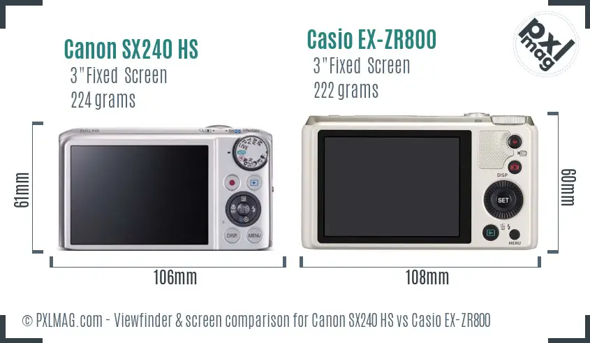 Canon SX240 HS vs Casio EX-ZR800 Screen and Viewfinder comparison