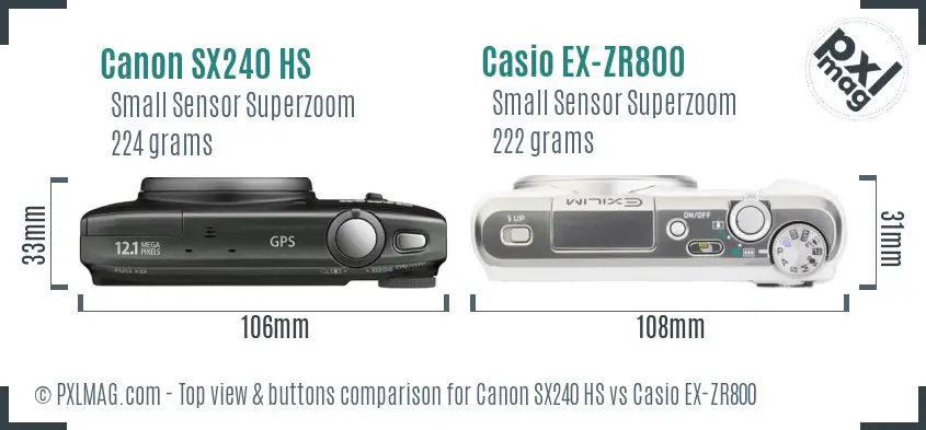 Canon SX240 HS vs Casio EX-ZR800 top view buttons comparison