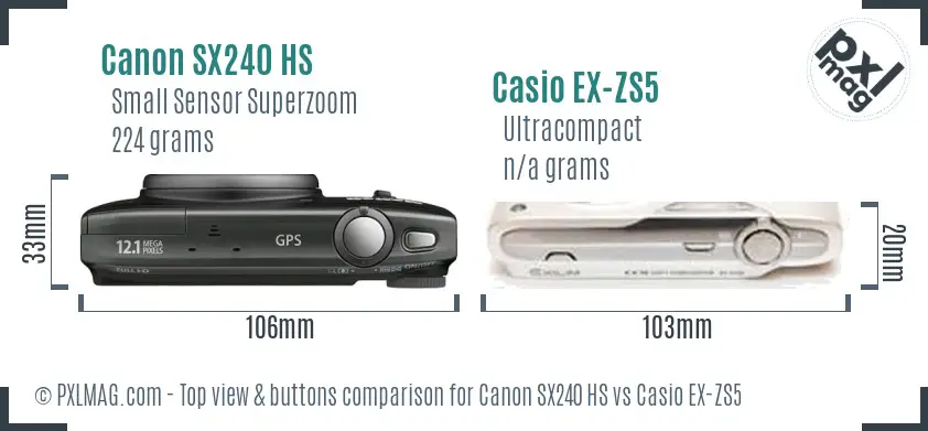 Canon SX240 HS vs Casio EX-ZS5 top view buttons comparison