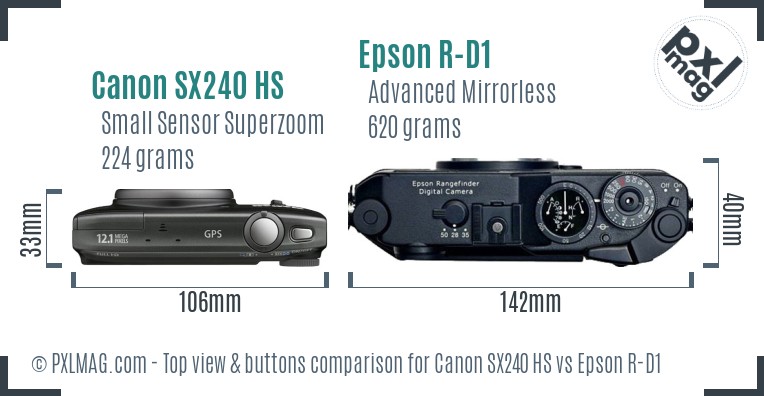 Canon SX240 HS vs Epson R-D1 top view buttons comparison