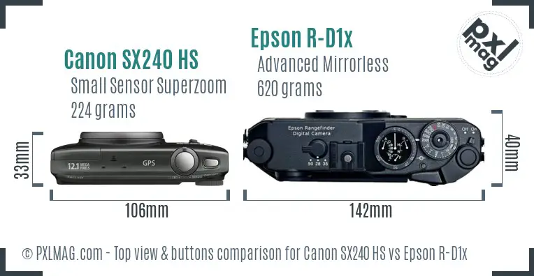 Canon SX240 HS vs Epson R-D1x top view buttons comparison Canon SX240 HS vs Epson R-D1x top view buttons comparison
