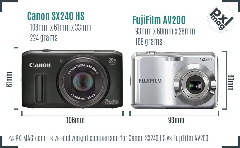 Canon SX240 HS vs FujiFilm AV200 size comparison