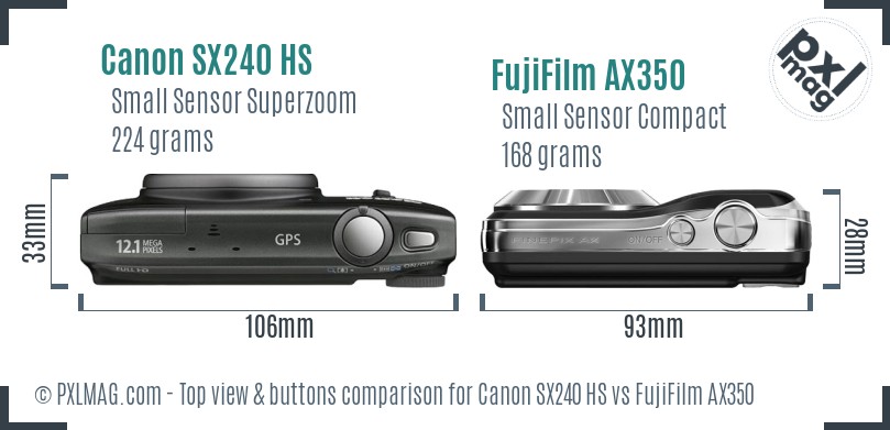 Canon SX240 HS vs FujiFilm AX350 top view buttons comparison