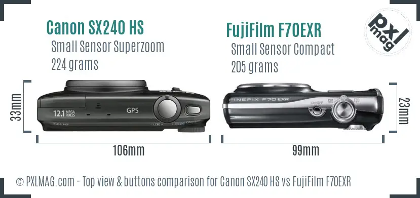 Canon SX240 HS vs FujiFilm F70EXR top view buttons comparison